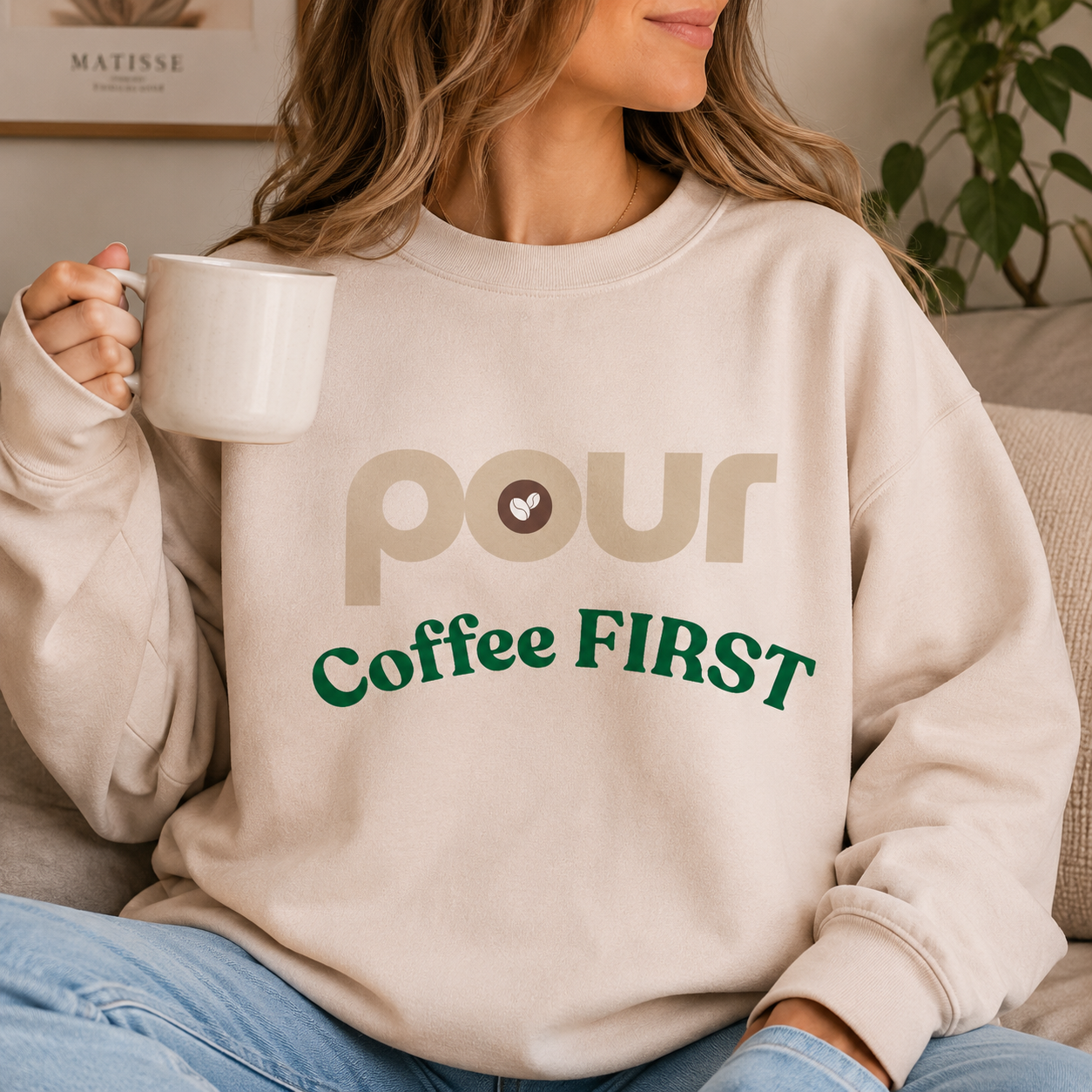 Coffee First Crewneck Sweatshirt – 'Pour' Coffee Lover Pullover